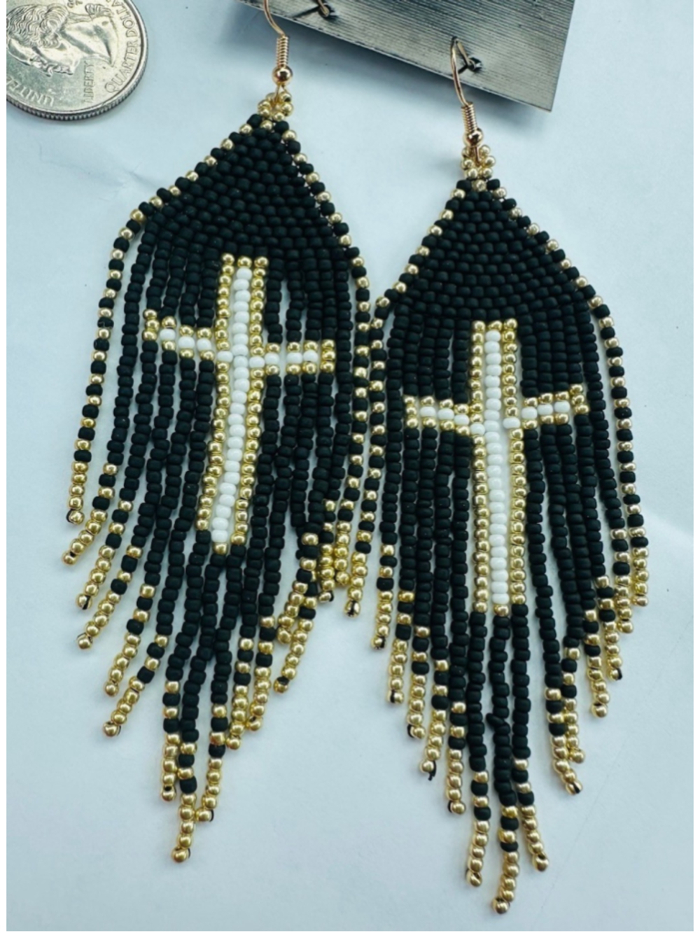 Beaded Black Gothic Cross Seed Bead Tassel Dangle Earrings Southwest Boho Tribal